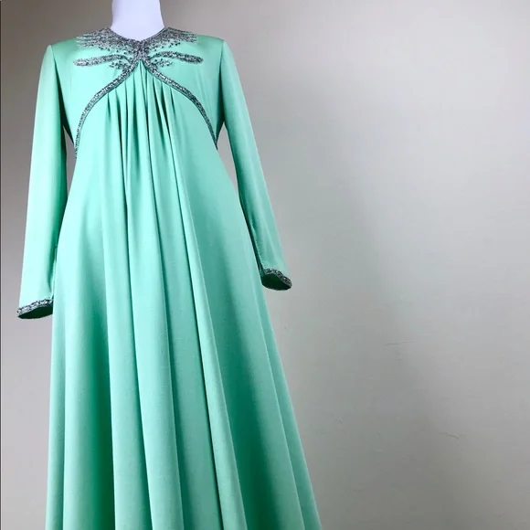 Lillie Rubin Vintage Green Crystal Embellished Gown Dress Knit Sustainable - Picture 5 of 8